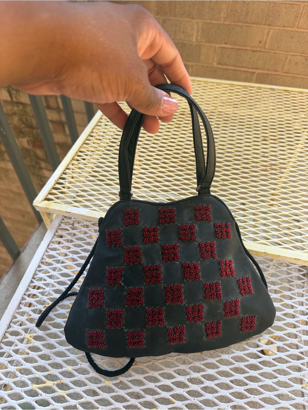 Black Beaded Checker Mini Handbag